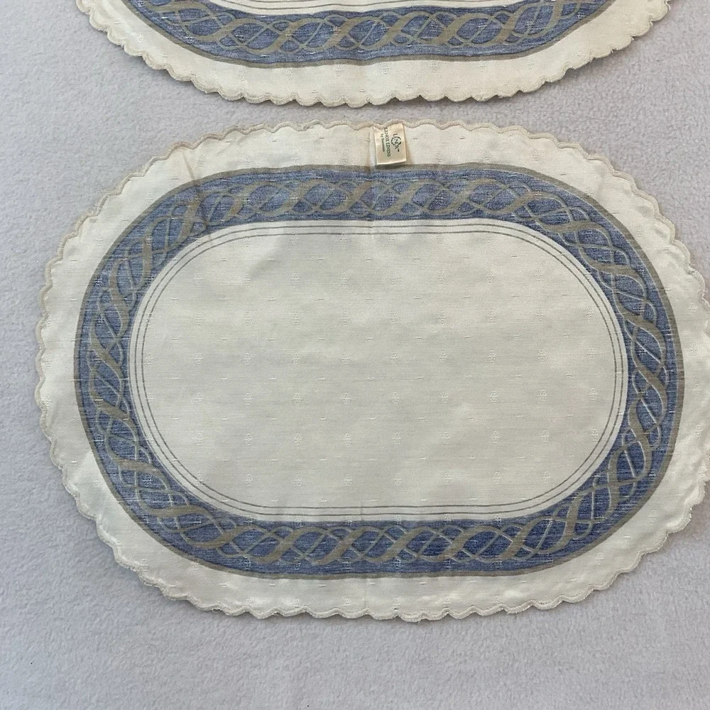 Lenox Hamilton Oval Placemats Cloth Set Of 2 Ivory Gold Navy Blue Vintage Lot #1